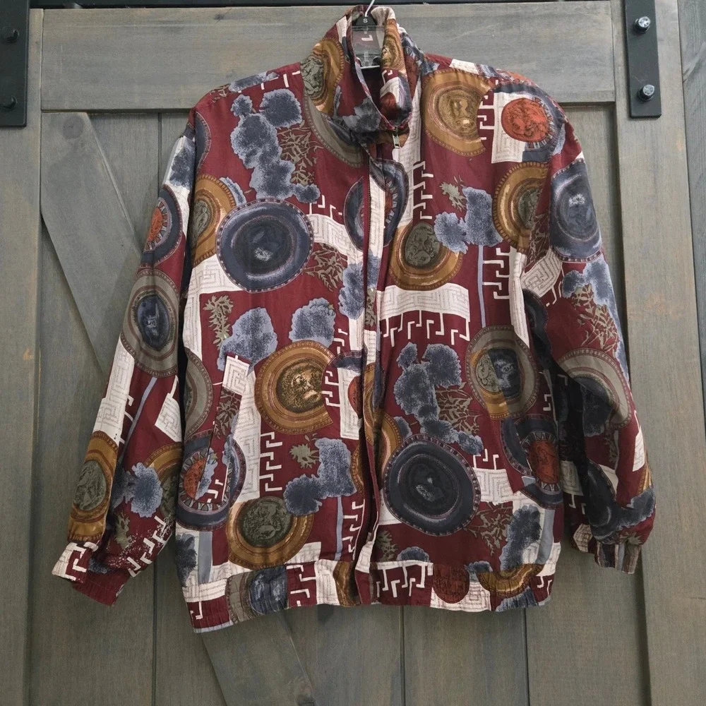 FU DA International Silk Bomber Jacket Small Burgundy Medallion Vintage - Picture 1 of 8